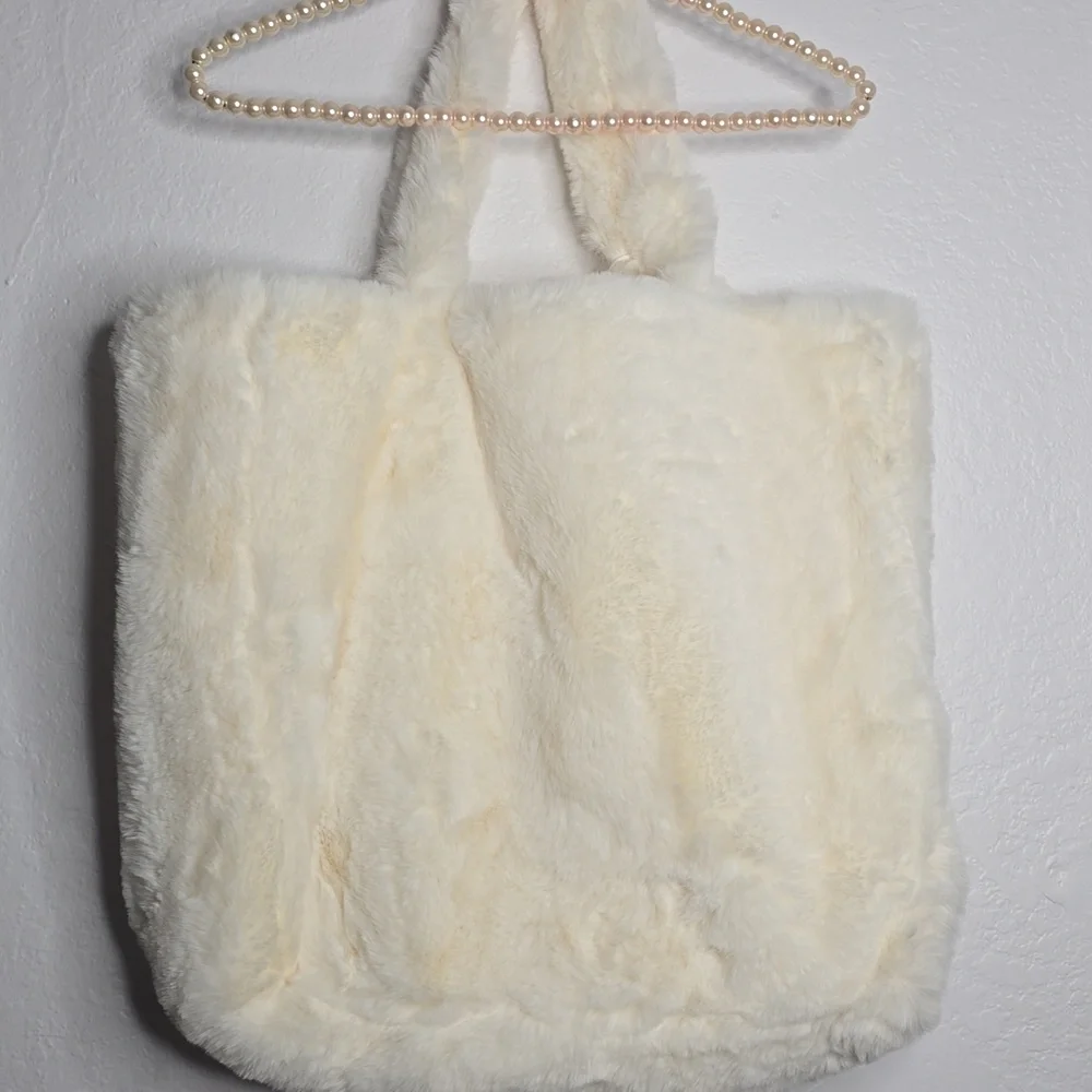 Cream and Pink Faux Fur Tote Bag